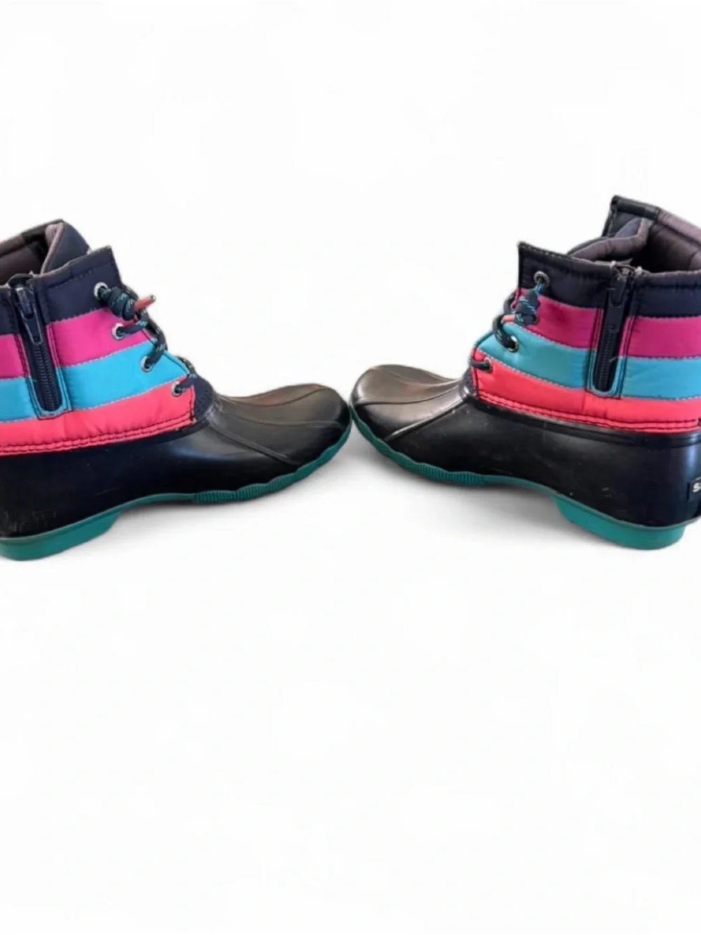 Sperry Kids Black Duck Boots with Teal and Pink Accents